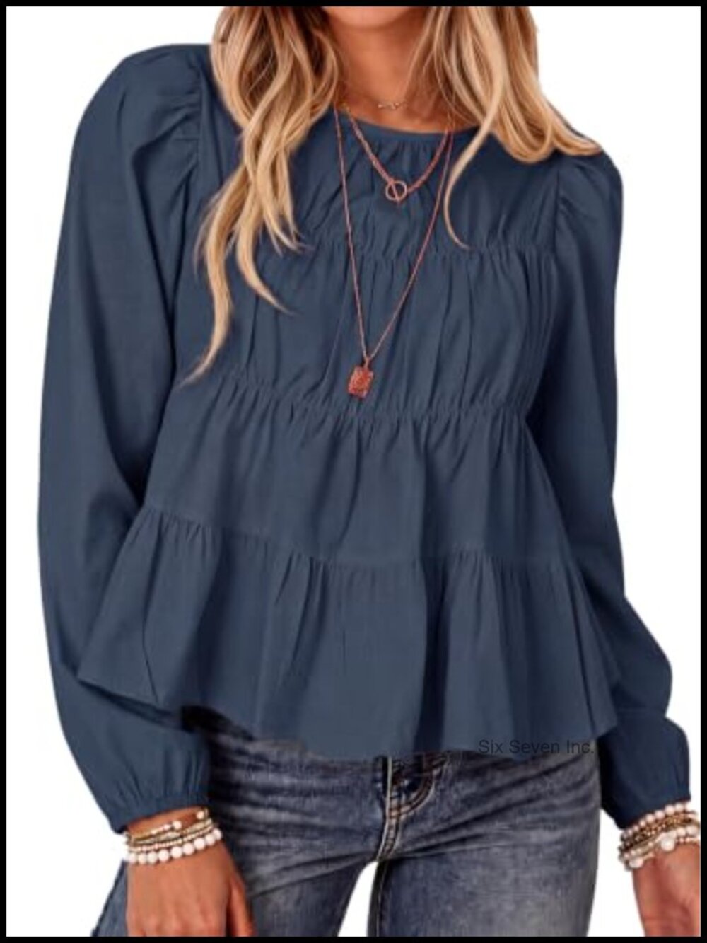 Puff Long Sleeve Babydoll Peplum Pleated Flowy Blouse Top